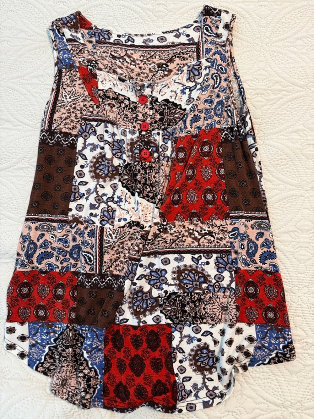 Patchwork Print Women's A-Line Skirt - Red, Blue & Brown